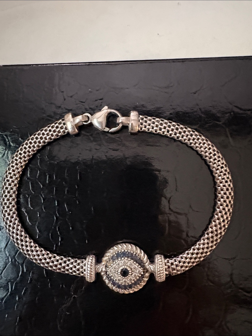 Vintage Sterling Silver Mesh Bracelet with Pave Eye Accent
